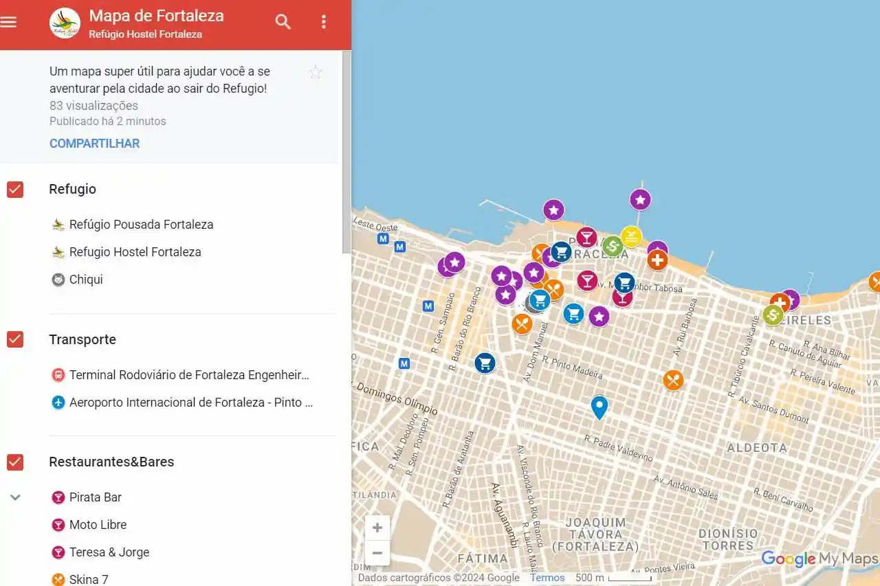 Print do Mapa interativo do Refúgio Hostel Fortaleza & Pousada com os pontos turísticos, bares, restaurantes, supermercados, etc. perto do Hostel e da Pousada