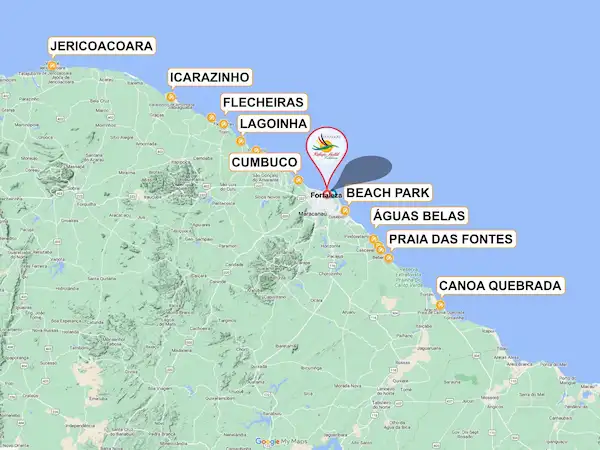 Karte des Bundesstaates Ceará in Brasilien mit den Stränden in der Nähe von Fortaleza, die das Refúgio Hostel Fortaleza & Pousada an der Rezeption anbietet