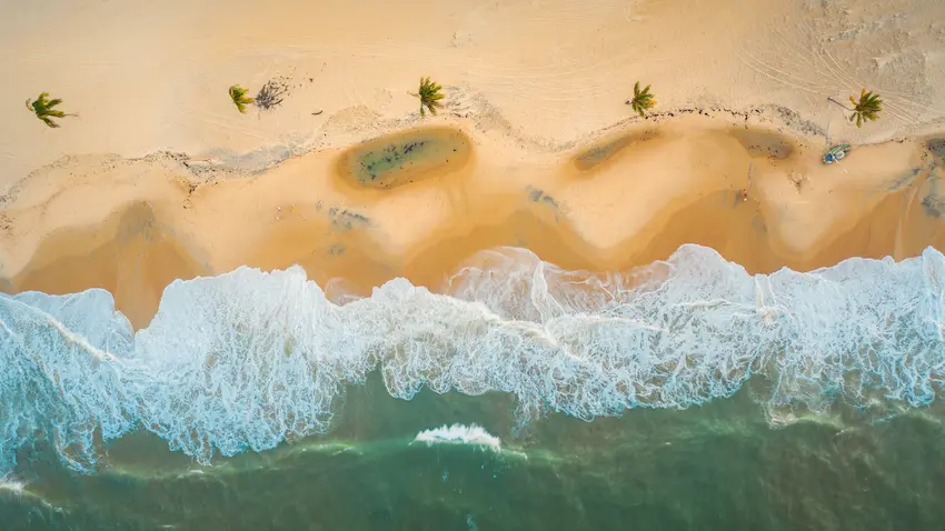 Foto de um drone de uma praia em Cumbuco, se vê o mar com ondas, a arreia da praia e umas palmeiras. Cumbuco fica a uma distância de 30 km do Refúgio Hostel Fortaleza & Pousada