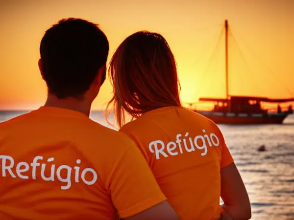 Um casal na praia olhando o por do sol de Fortaleza e no fundo tem um barco de passeio com 2 mastros.