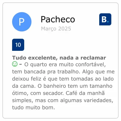 Avaliação de nota 10 do Pacheco na Booking.com sobre a Refúgio Pousada Fortaleza