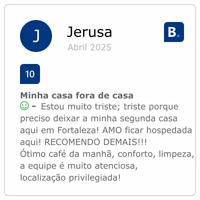 Avaliação de nota 10 da Jerusa na Booking.com sobre a Refúgio Pousada Fortaleza