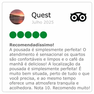 Avaliação de cinco estrelas do Quest no TripAdvisor sobre a Refúgio Pousada Fortaleza